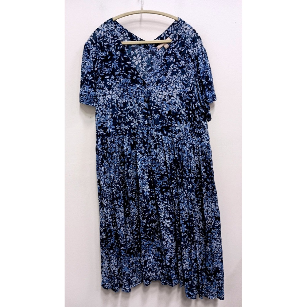 Woman Within Floral Midi Dress Womens 22W Blue Casual Short Sleeve Button Front